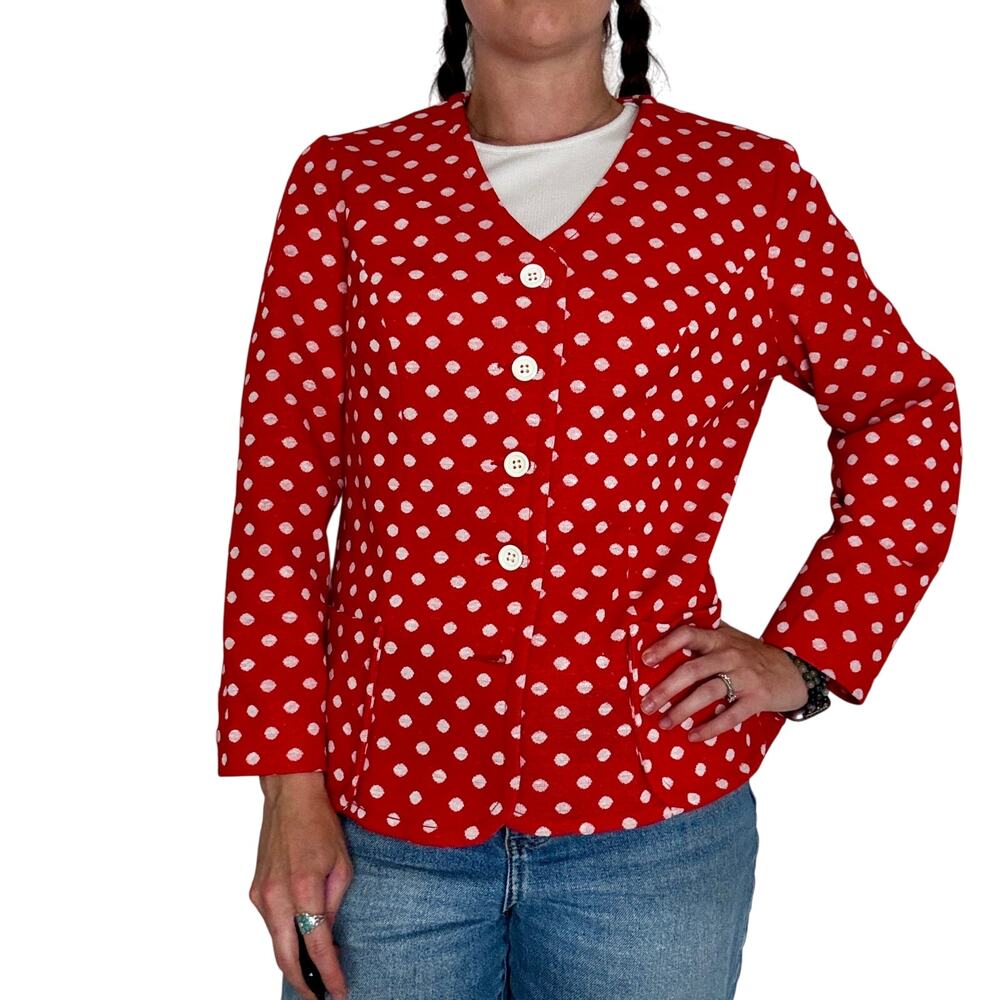 Vintage 1970s Red & White Polka Dot Blazer Jacket Polyester Button Up Women's